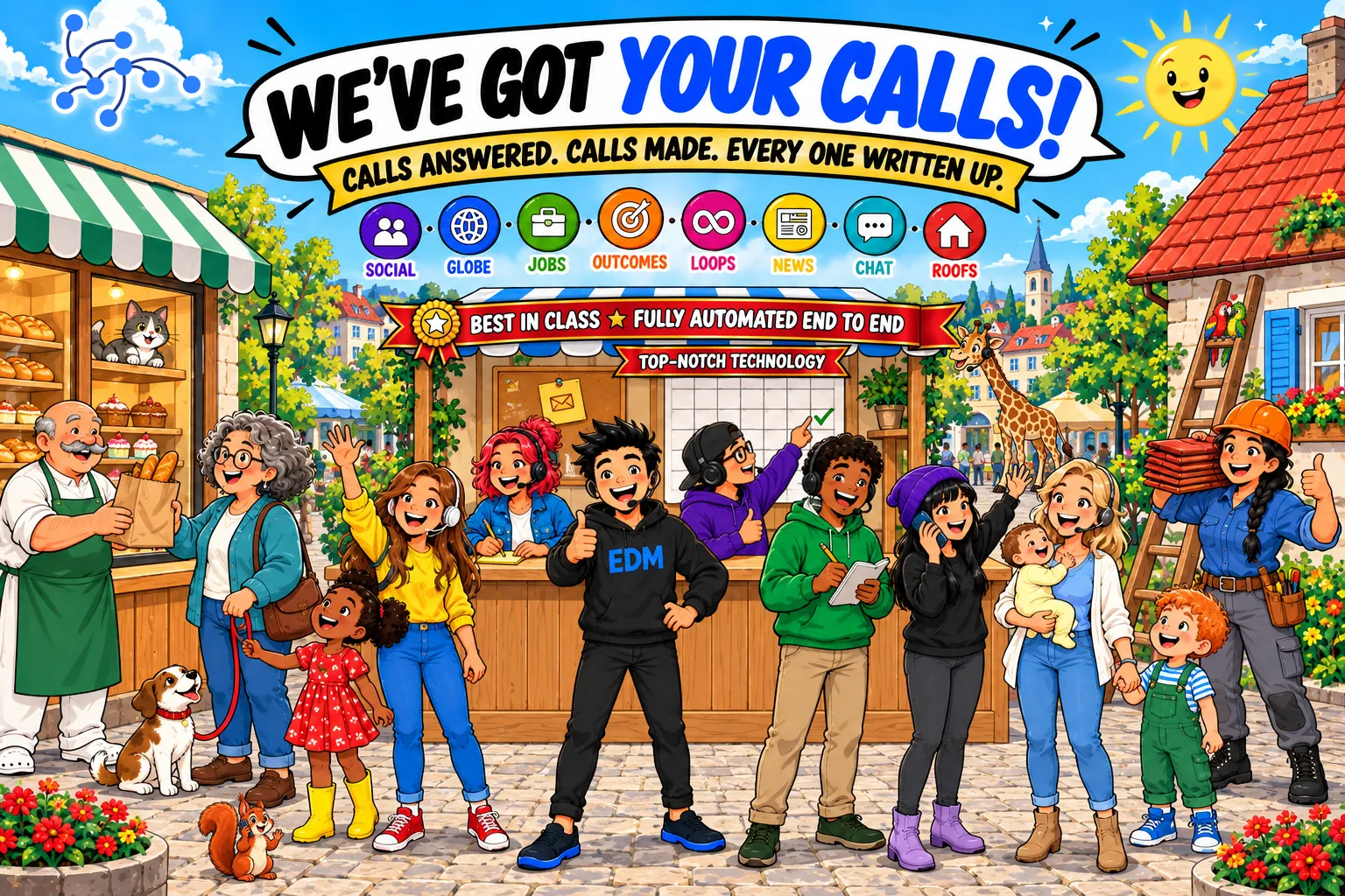 A cartoon of friends in headsets at a sunny call desk on a town square, answering and making calls for the baker and the roofer while they look after their customers: We've got your calls! Calls answered. Calls made. Every one written up. Two award ribbons across the desk's awning read: Best in class. Fully automated end to end. Top-notch technology. A giraffe in a headset leans in to take a call, two parrots in love sit on the roofer's ladder, and a squirrel on the cobblestones takes a call on a tiny phone.