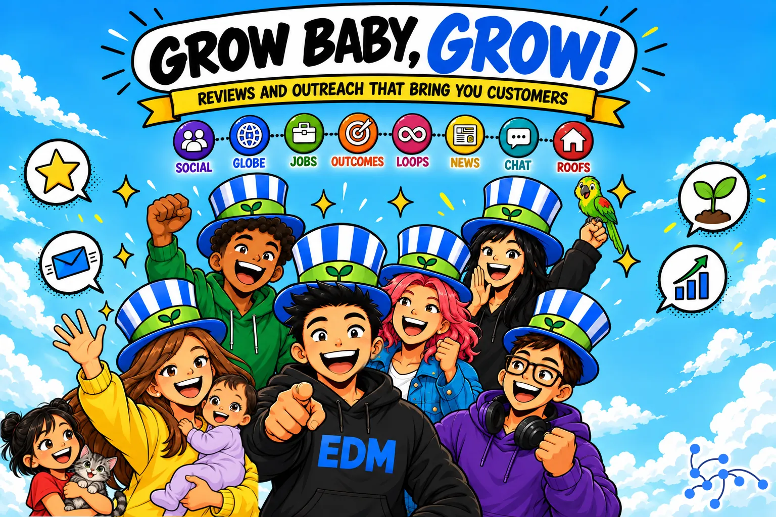 A cartoon of six friends in striped top hats, one of them a mother holding her baby, cheering and pointing at you, with a girl hugging a kitten and a parrot on a raised fist: Grow baby, grow! Reviews and outreach that bring you customers.