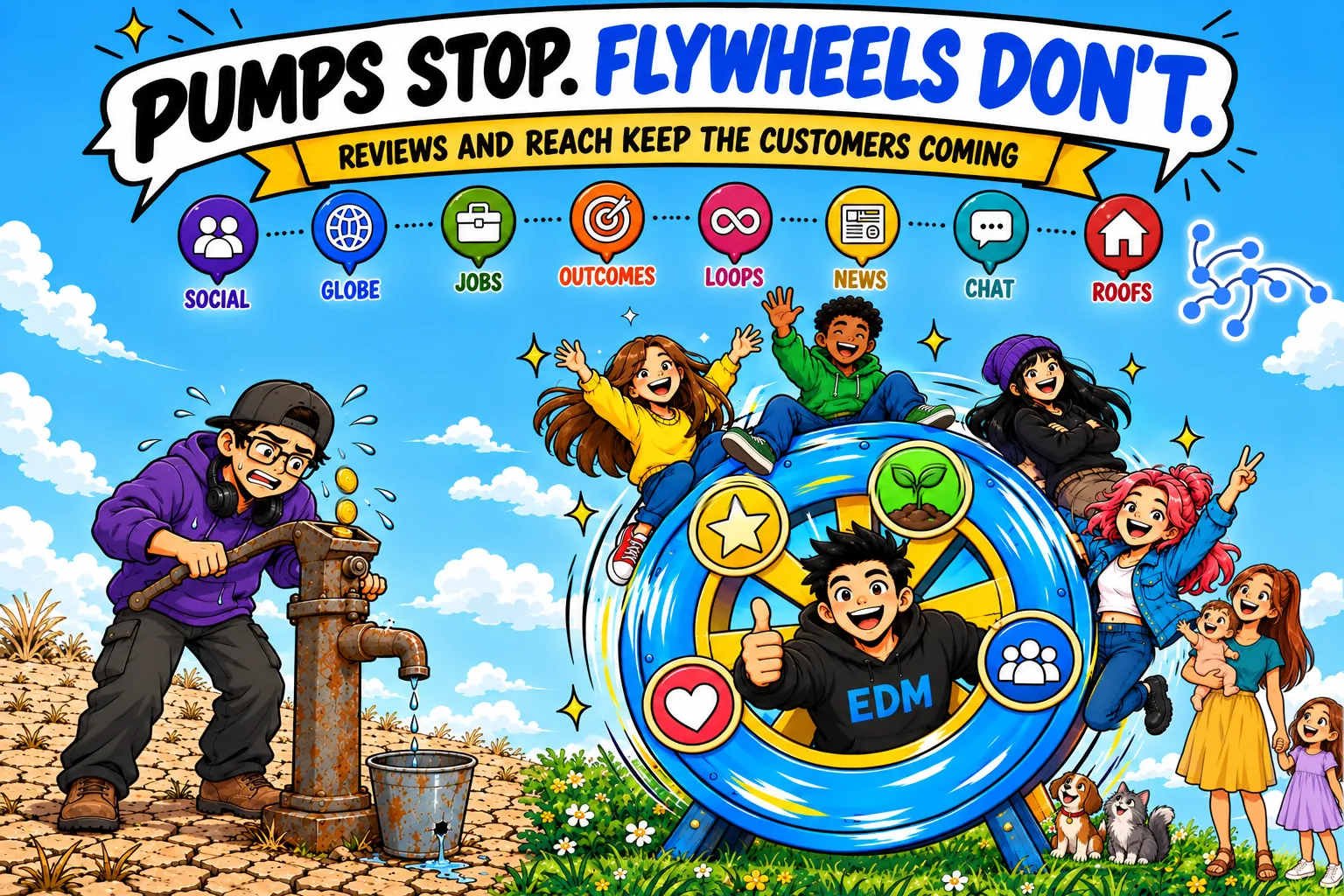 A cartoon: one man sweats at a dry, rusty pump while five friends ride a spinning EDM flywheel, a dog and a cat sit in the grass beside it and a mother with her baby and her daughter looks on - Pumps stop. Flywheels don't. Reviews and reach keep the customers coming.